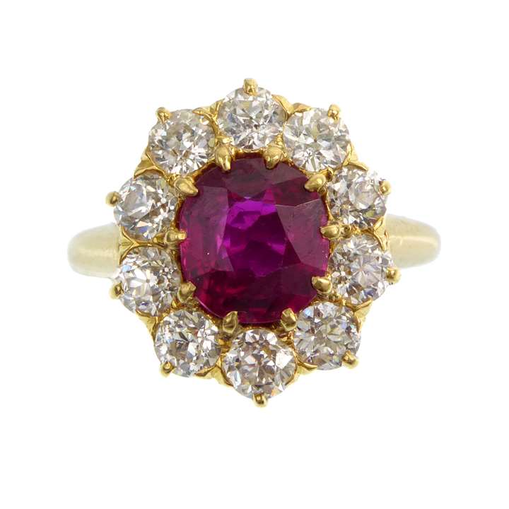 Cushion cut ruby and diamond cluster ring